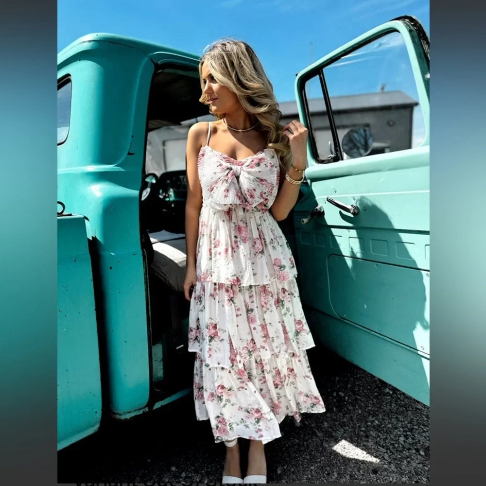NWT By The River Charming Floral Midi Dress Bow Tiered Cottagecore Easter Deess - Picture 4 of 12